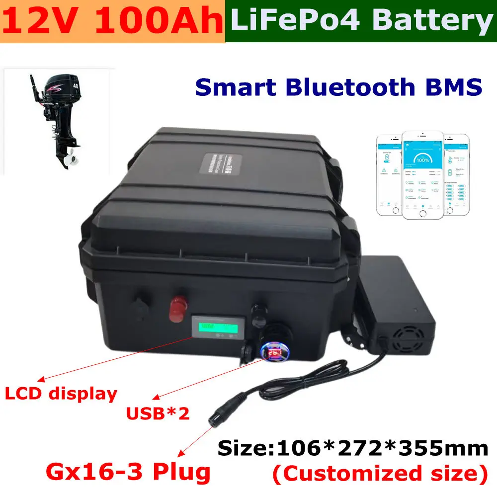 

4S водонепроницаемая литиевая батарея Lifepo4 12 В 100 Ач Bluetooth BMS 1400 Вт для лодки инверторный источник питания трехколесного велосипеда + зарядное устройство 14,6 В 10 А.