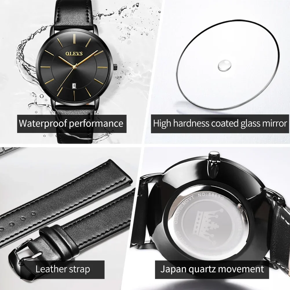 OLEVS 5869 Fashion Genuine Leather Strap Men Wristwatches, Waterproof Japan Quartz High quality Exquisite Watch For Men Calendar