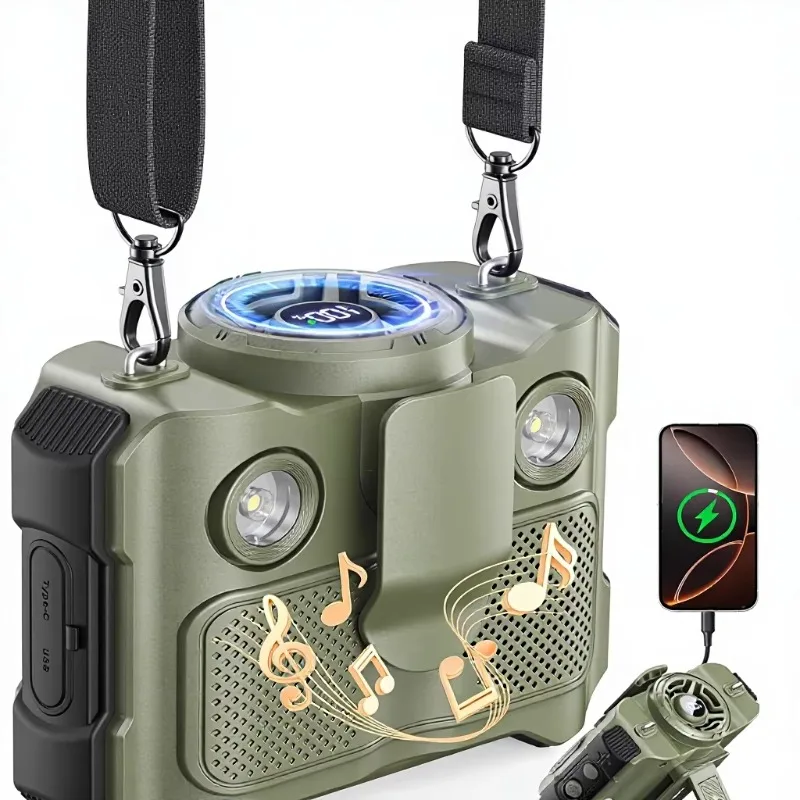 Portable Waist Fan 5-Speed USB-C Li-Polymer Battery 40H Runtime 16000RPM Strong Airflow Outdoor Speaker Flashlight