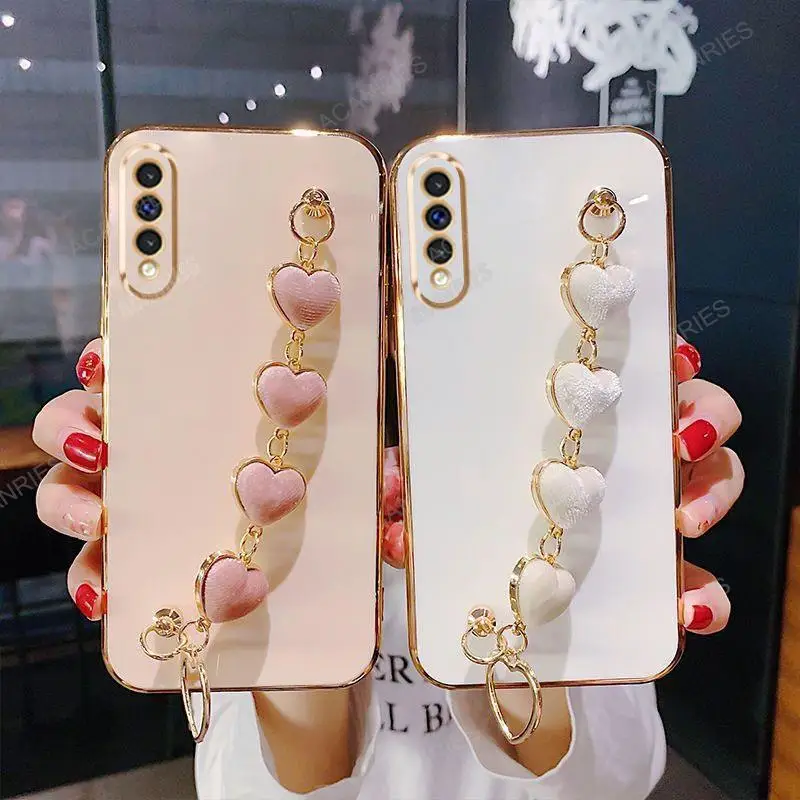 A 50 70 Love Heart Bracelet Case For Samsung Galaxy A50 A70 A30s A20s A03 A04 A02 A14 Luxury Chain Plating Silicone Cover A50s