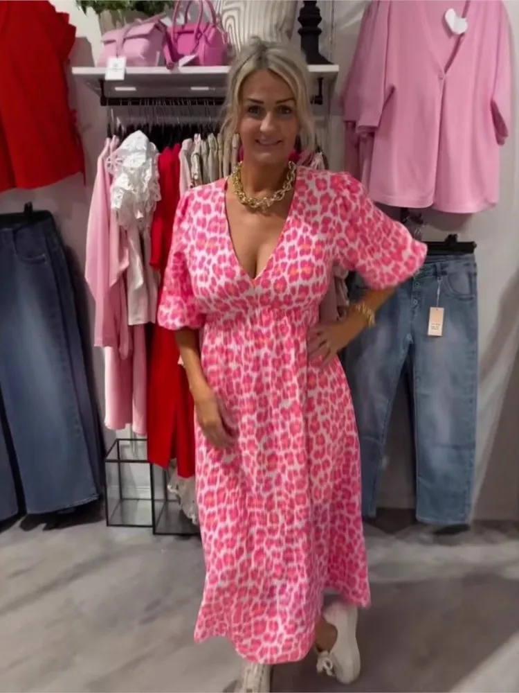 

Flower Print Long Dress Bohemian Style Sexy V-neck Plus Size Beach Holiday Casual Loose Seven Quarter Sleeve Dress