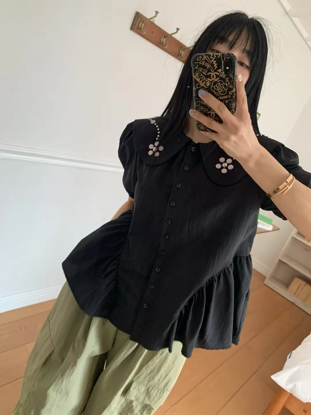 Sweet Doll Collar ort Sve Pleated Bubble Sve Women's irt Summer Faion Floral Embellied Casual Loose Fit Top