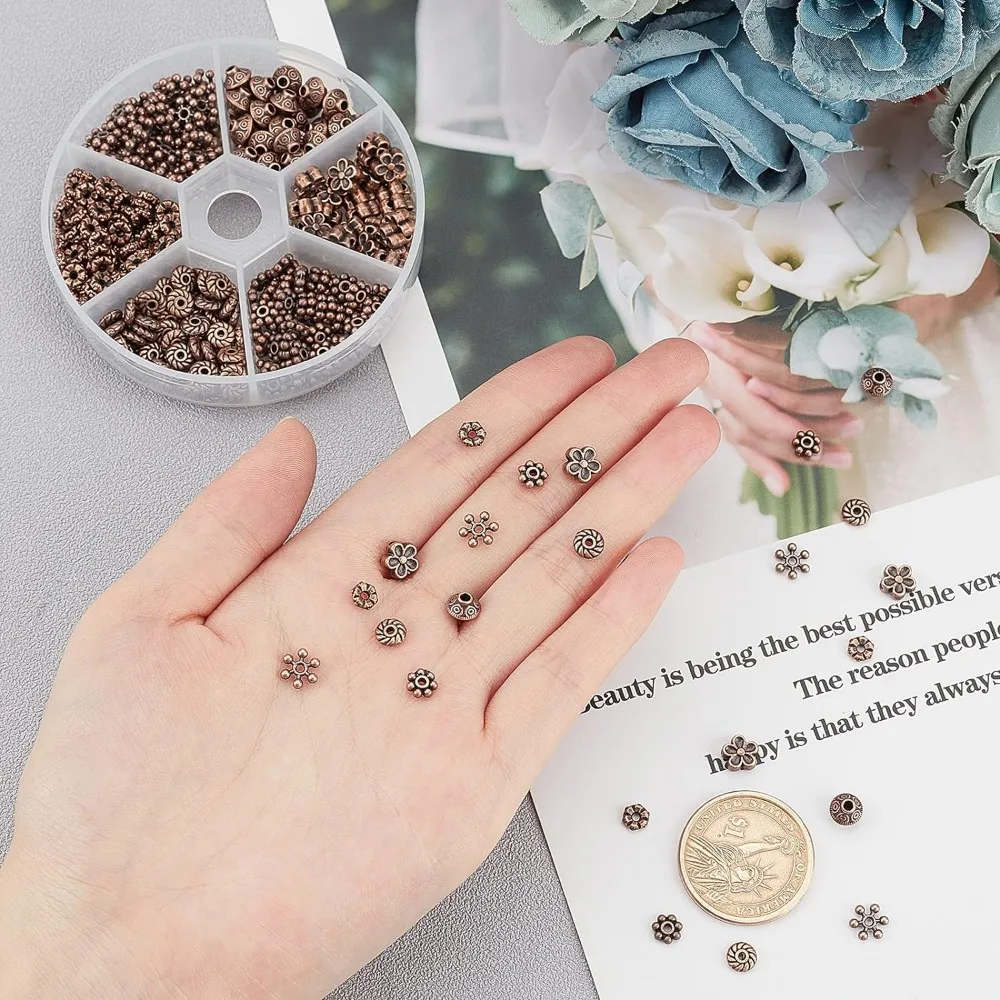 410pcs 6 Styles Tibetan Spacer Beads, Red Copper Jewelry Beads Flower Bicone Snowflake Flat Round Metal Spacers for Bracelet