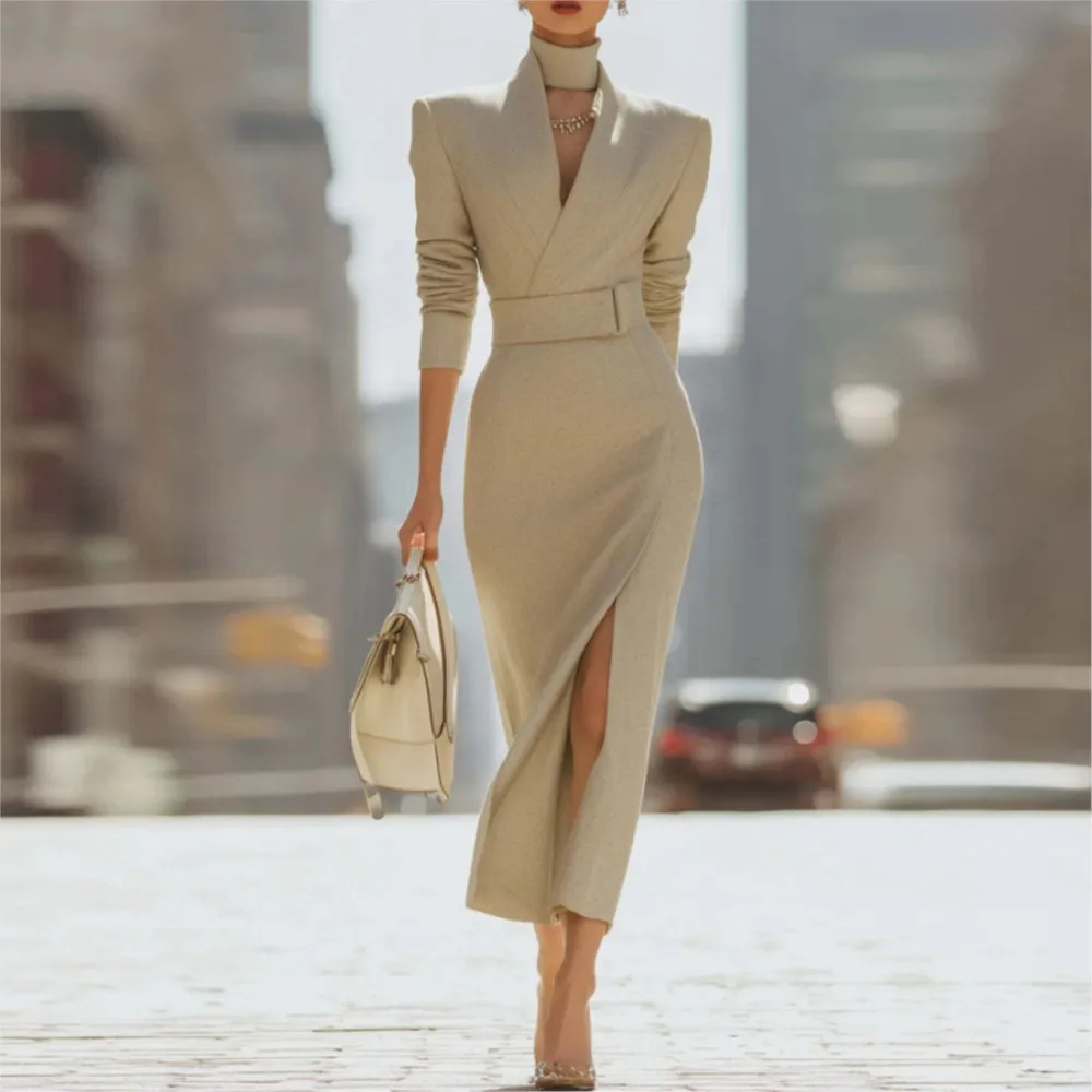 Herbst Temperament V-ausschnitt Schlank anliegende Mid-länge Hüfte-umarmt Schlitz frauen Kleider Mode High-neck Elegante weibliche Büro Kleid