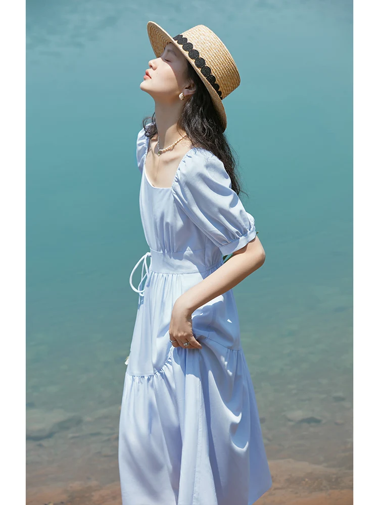 ZIQIAO High-end French Square Neck Women Dress Summer 2022 Pleated Design Ladylike Vintage Slim Thin Modal Female Long Skirts