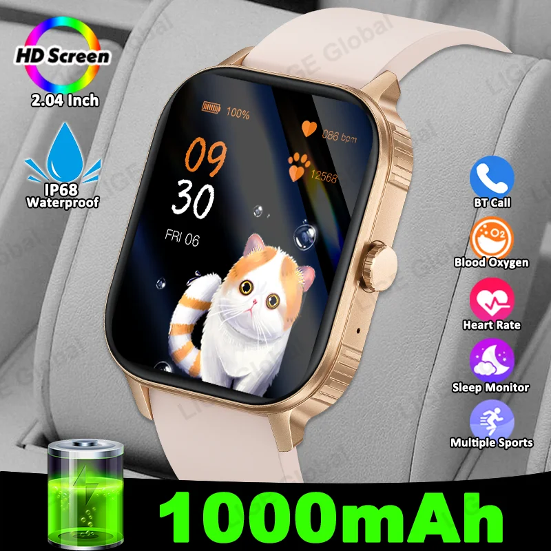 

LIGE 1000mAh Large Capacity Battery Smart Watch Women 2.04" HD BT Call Heart Rate Sport Tracker Men Smartwatch For Android iOS
