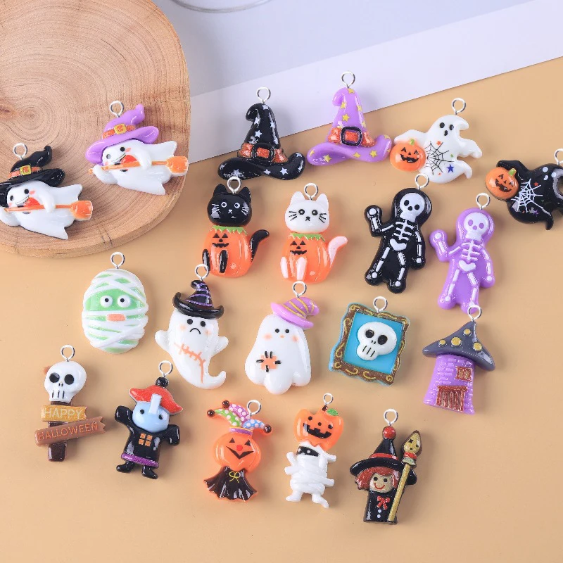 10pcs European Resin Halloween Charms Kawaii Pumpkin Ghost Skeleton Cat Pendants Crafts Decor DIY Earring Jewelry Making C467