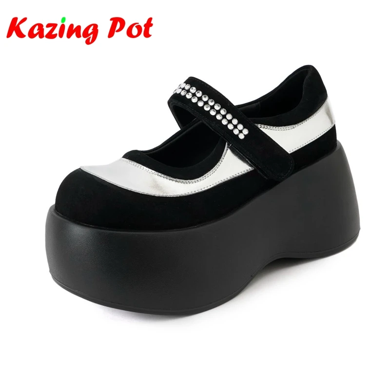 

Cow Split Skin Ins Suede Crystal Spring Autumn Shoes Thick High Heels Brand British School Mixed Color Women Deep Mouth Pumps