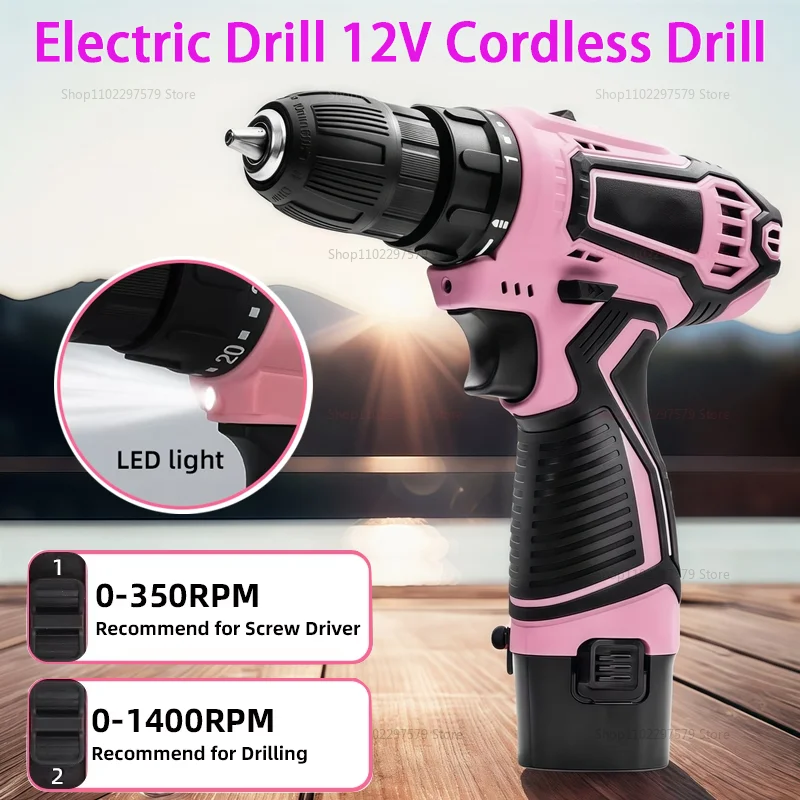 Destornillador eléctrico de 12V, taladro inalámbrico de torsión 25 + 1, Mini herramientas eléctricas inalámbricas, batería de iones de litio, taladro rosa