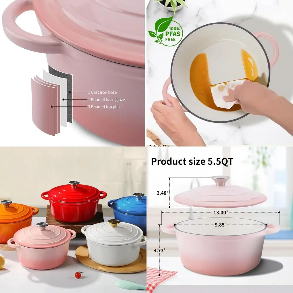 

Чугунная эмалированная кастрюля-духовка розового цвета, 5,5 кварты, с крышкой, сверхпрочная посуда для запекания, тушения, жарки, приготовления запеканок, подходит для использования в духовке до 500 градусов. ° Ф