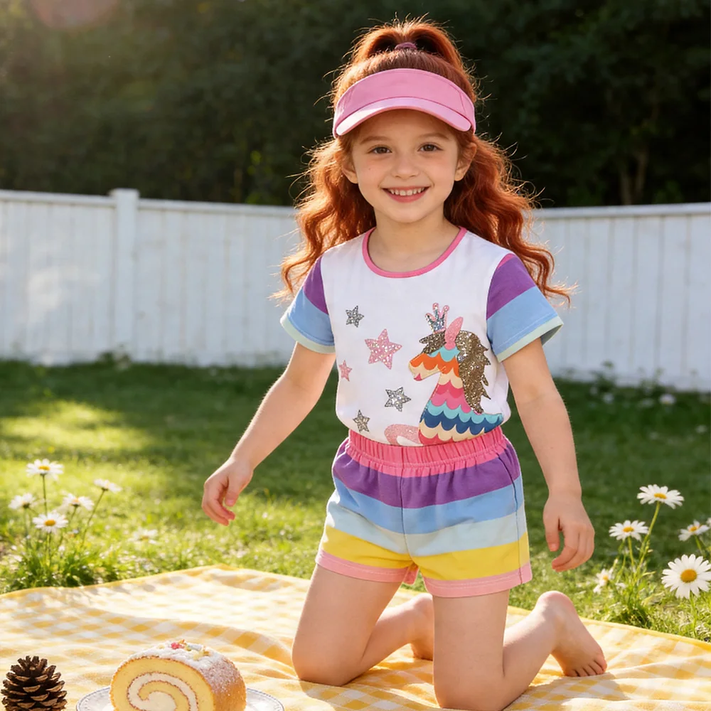 Toddlers Unicorn Star Sequined Appliqued 2 Pcs Outfit Set Kids Cotton Casual Soft Tops Tees and Striped Bottoms Clothes Sets