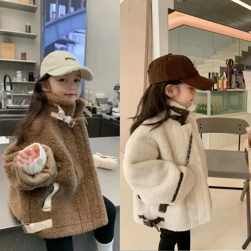 

girls cashmere bomber jacket lamb fur cotton padded coat winter toddler children kids clothes stand collar buckle 3 to 8 years