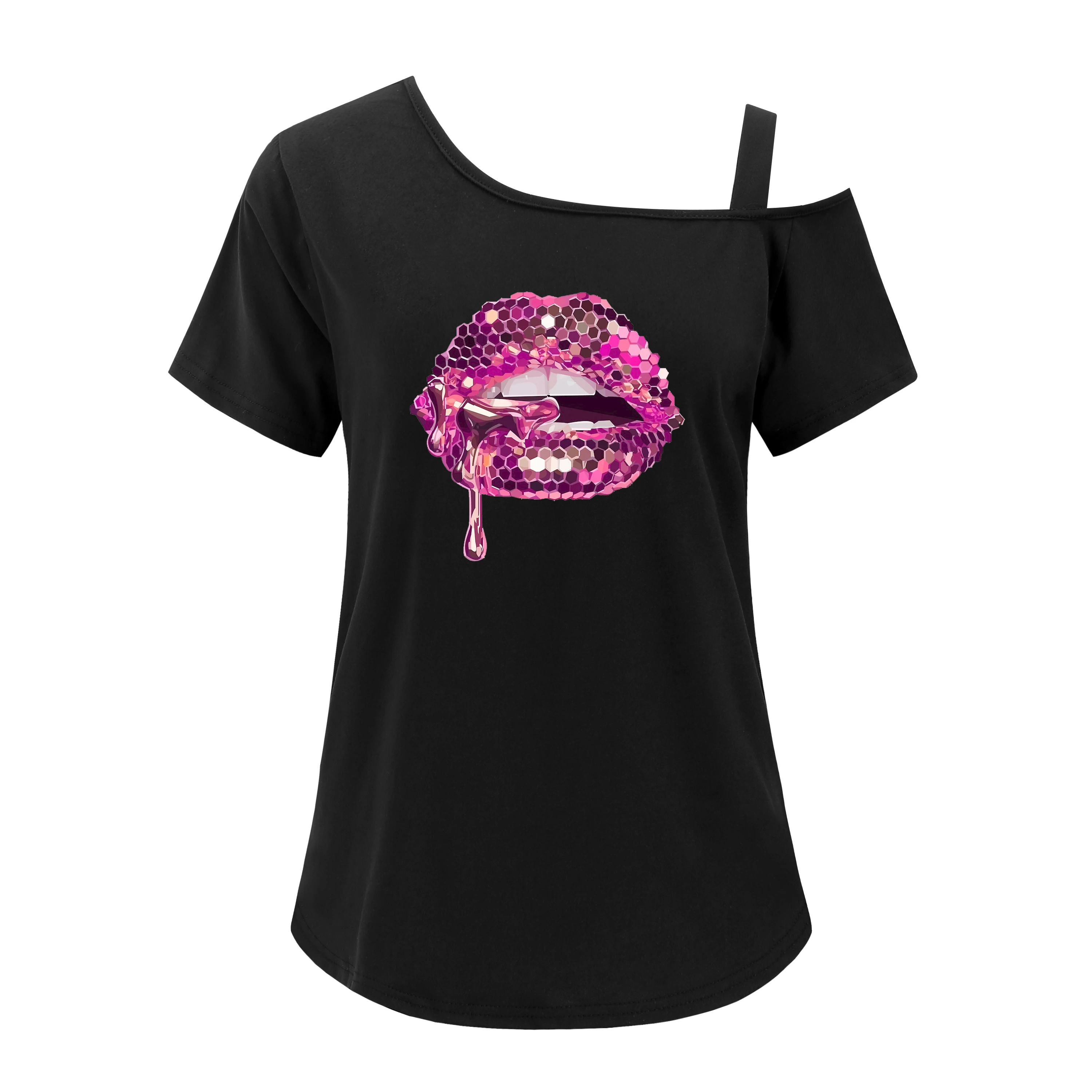 Fashion Women\'s t shirt Colorful Lips Solid Cold Shoulder T-Shirt Casual Short Sleeve Top For Spring & Summer Women\'s Clothing