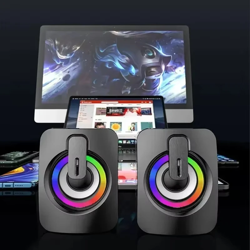 Portable Wired USB Speaker HiFi Stereo Surround Subwoofer LED Microphone High Sound Quality for Computers