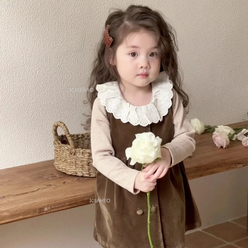 Kids Corduroy Sleeveless Dress + Lace Collar Knitted Tops Infant Girl Vintage Clothes Girls Outfit Sets Children Autumn Dresses