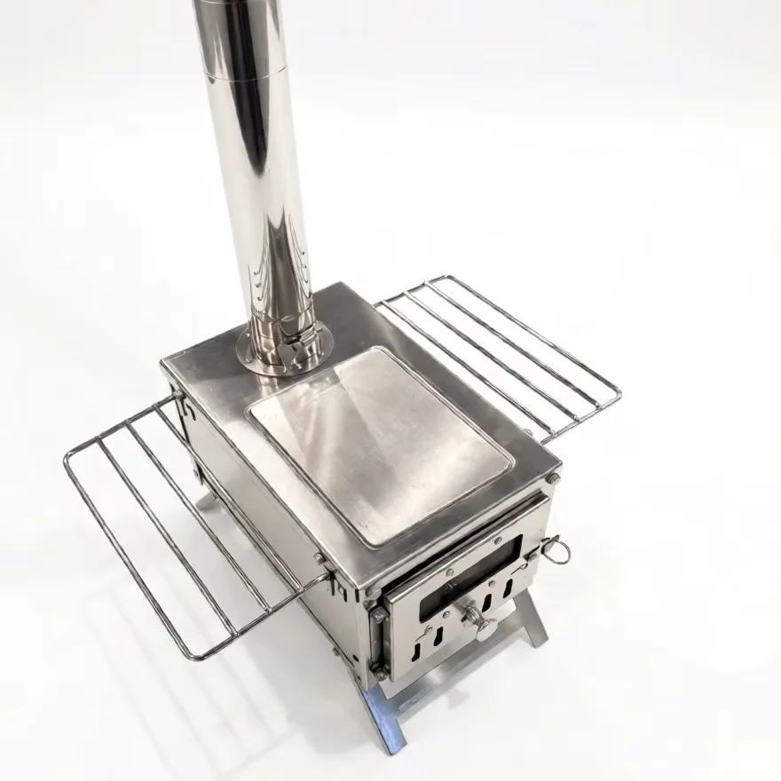 Portable Stainless Steel Tent Wood Burning Stove with Chimney & Glass Window Folding Outdoor Camping Stove for Cooking