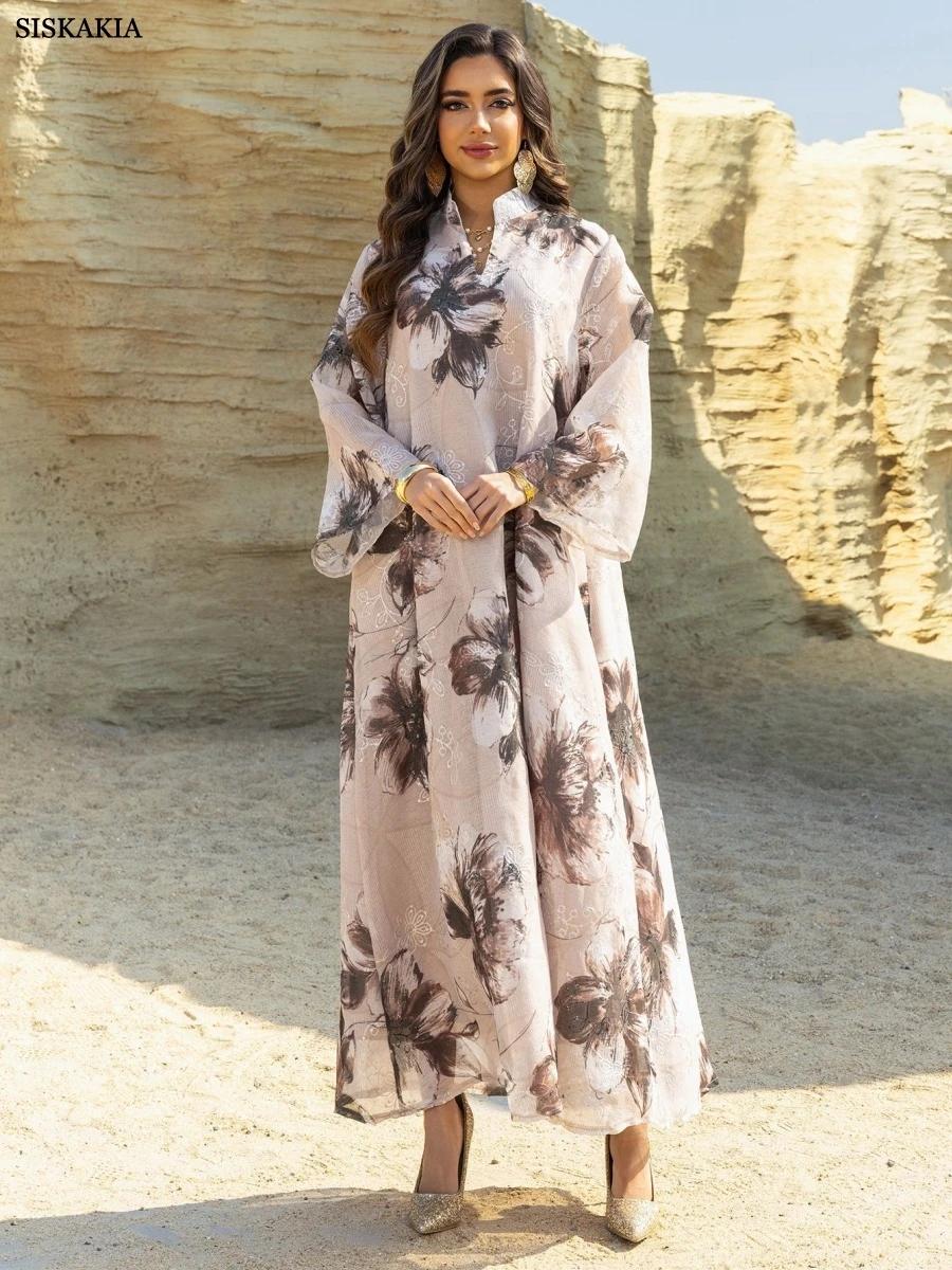 

Siskakia New Morocco Floral Print Abaya Dubai Muslim Elegant Women Evening Dress Mesh Sleeve Maxi Dress