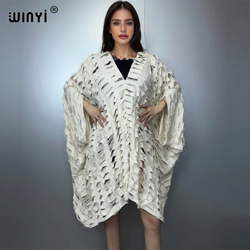 WINYI Original V Neck Denim Sexy Short Dress with Holes New Fashion Africa Womens Party Holiday Casual Maxi Beach Dress