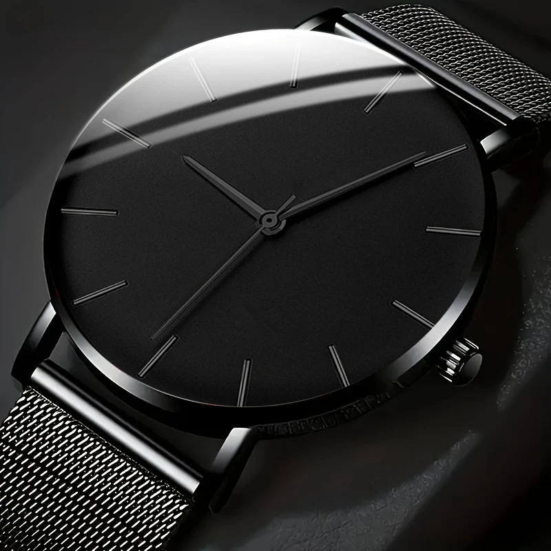 Men's New Minimalist Stainless Steel Mesh Strap Quartz Watch, Fashionable Business Style, Men's Watch (No Box)