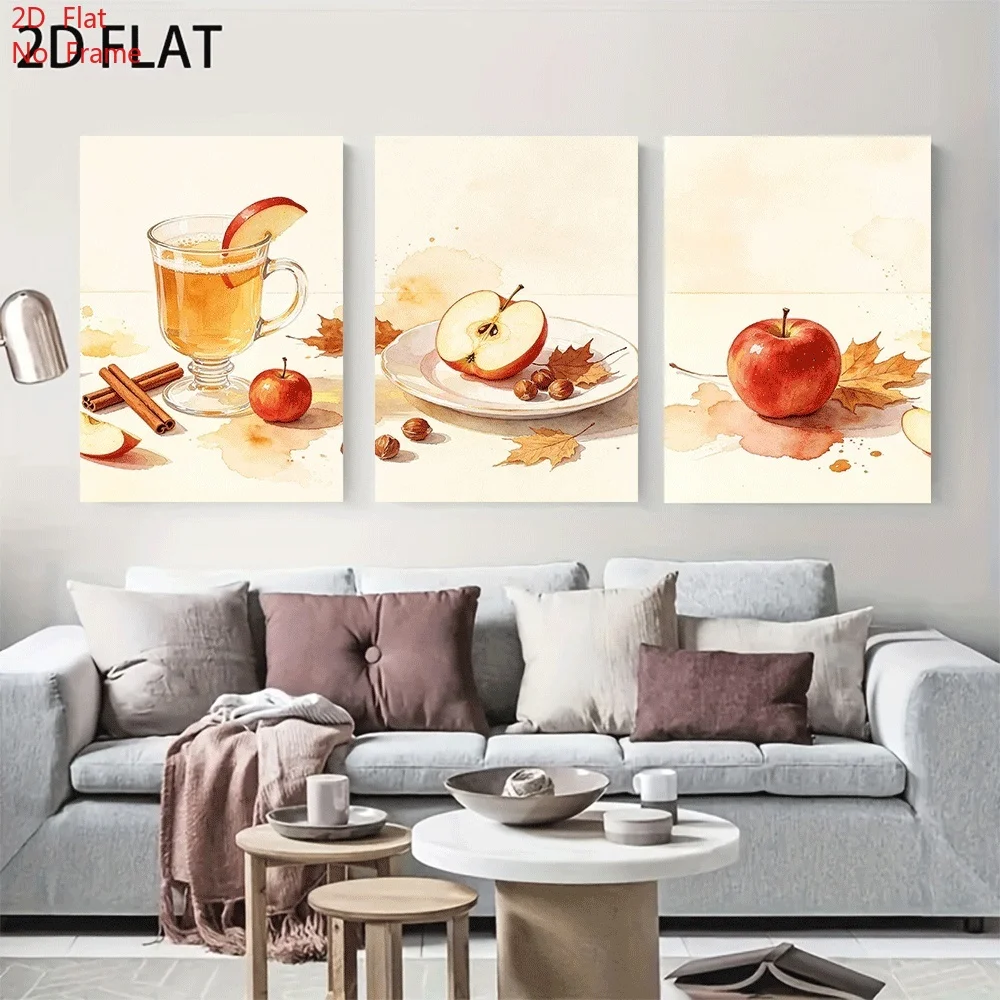2D Flat, 3pcs Nordic Watercolor Apple & Fruit Still Life Canvas Wall Art - Frameless Suitable for Home Decor, Autumn Fall, Sc