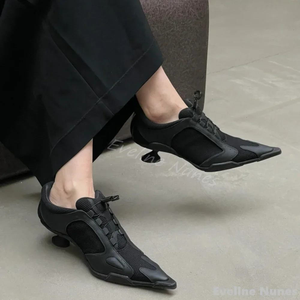 Mesh panel high-heeled sneakers women pointed toe lace up 5cm strange style black sports shoes 2024 new fashion leather sneakers