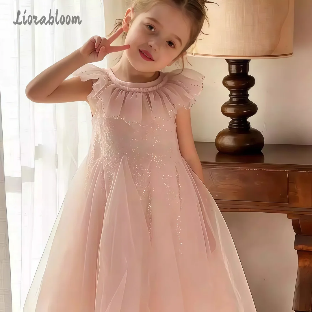 

Girls' Pink Tulle Dress Lace Collar Flower Girl Gown Formal Party Dress Princess-Style Frock Elegant Short Dress