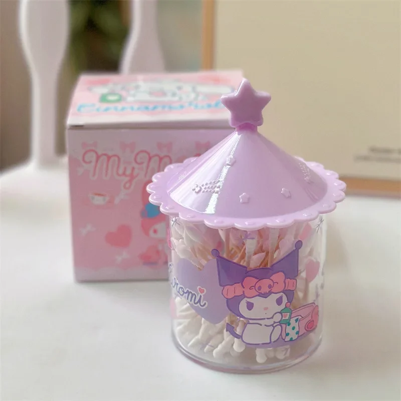 Sanrio Kuromi Melody desktop cotton swab storage box lid storage box circular desktop small box transparent cotton swab box tube view 4