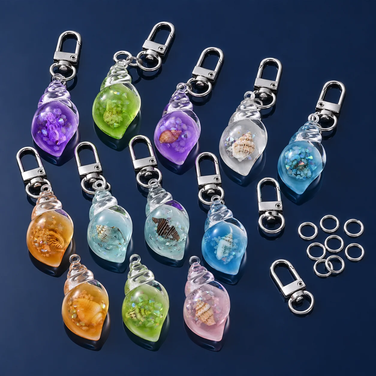 10er-Set mit zufälligen Farben, Ozean-Thema, Harz-Muschel-Schlüsselanhänger, leuchtender Muschel-Schlüsselring-Anhänger für Rucksack, Geldbörse, Autoschlüssel – Detail 4