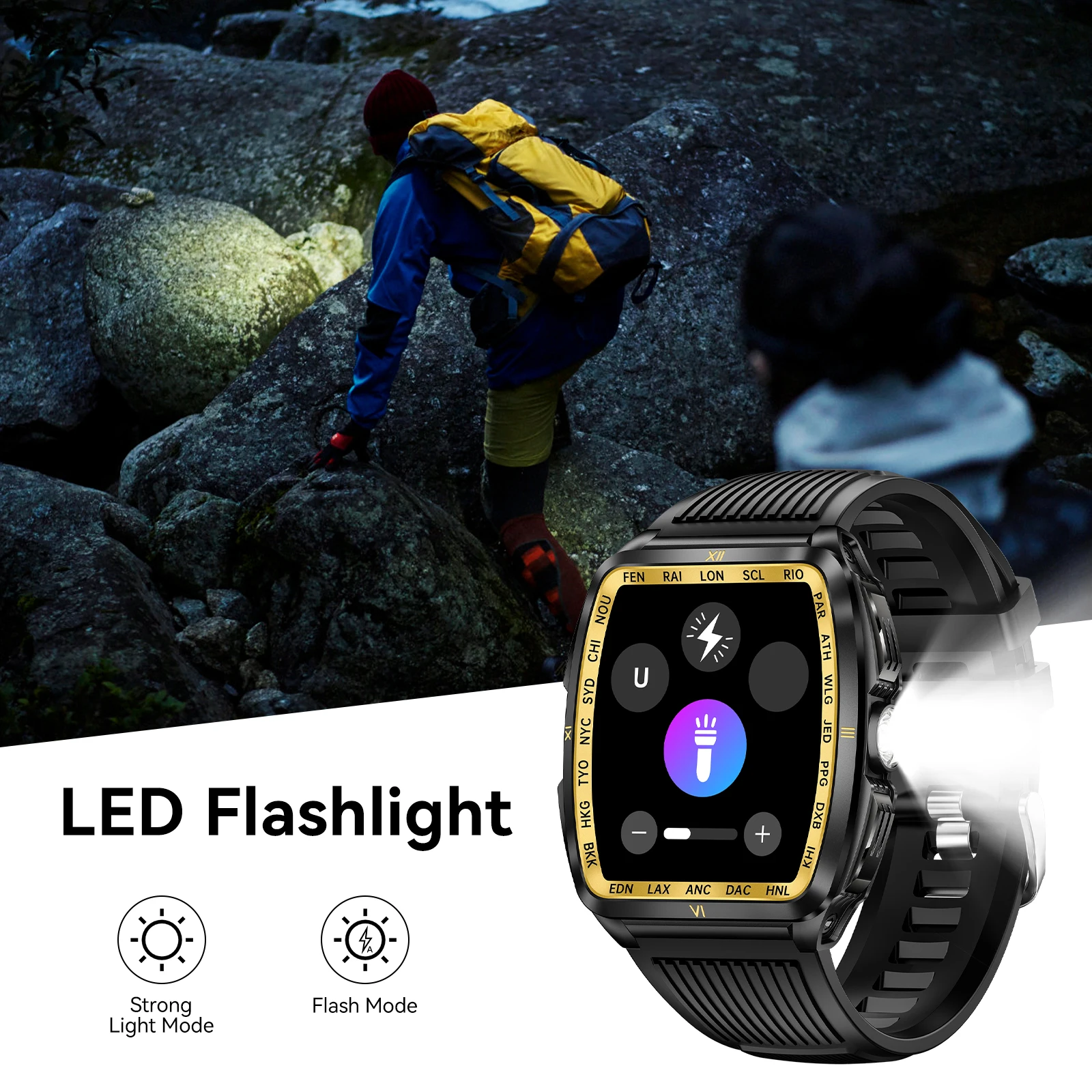 EIGIIS 2025 남성용 스마트워치 LED 플래시라이트 5ATM 방수 1.8인치 대형 화면 견고한 전술 시계 100+ 스포츠 모드