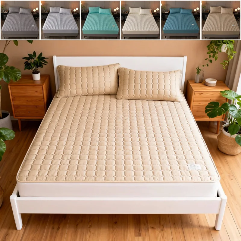 

1Pc Thickened Waterproof Mattress Topper Quilted Cover with Elastic Band Design for Single/Double/Queen Beds Soft Warm Bedsheets
