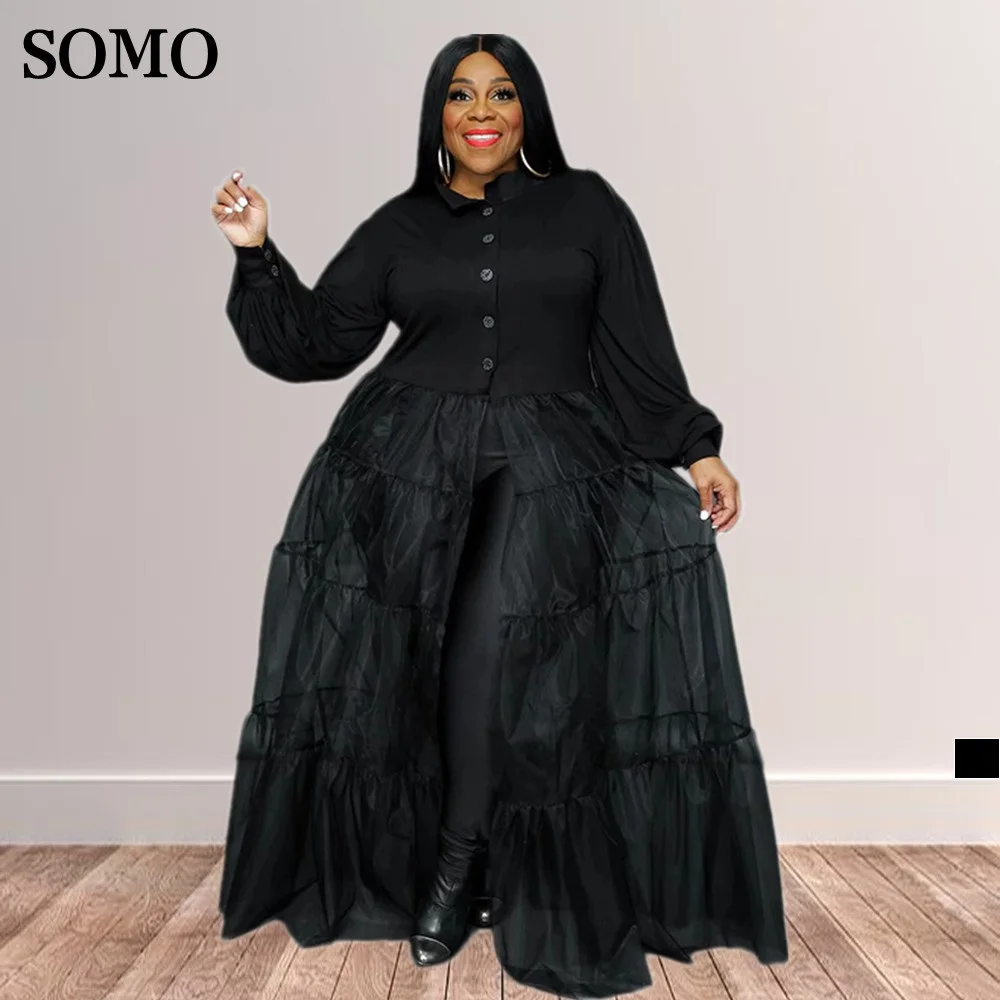 

2022 Spring Fashion Balck Mesh Patchwork Plus Size Women Clothing Chic Long Sleeve Maxi Dresses Wholesale Dropshipping