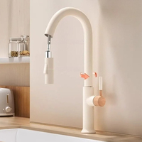 Cream Wooden Handle All Copper Faucet - Pull-Out Hot & Cold Kitchen Sink Faucet Retractable Rotating Mixer Tap w/Spray Function