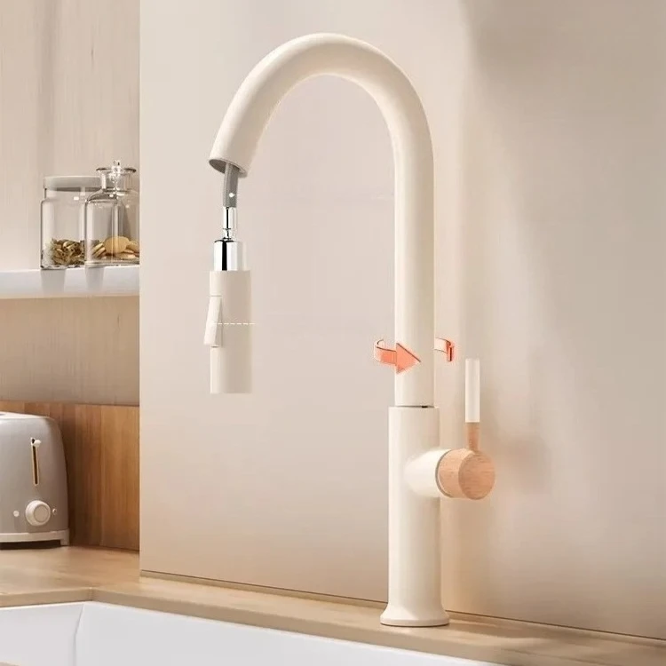 Cream Wooden Handle All Copper Faucet - Pull-Out Hot & Cold Kitchen Sink Faucet Retractable Rotating Mixer Tap W/Spray Function