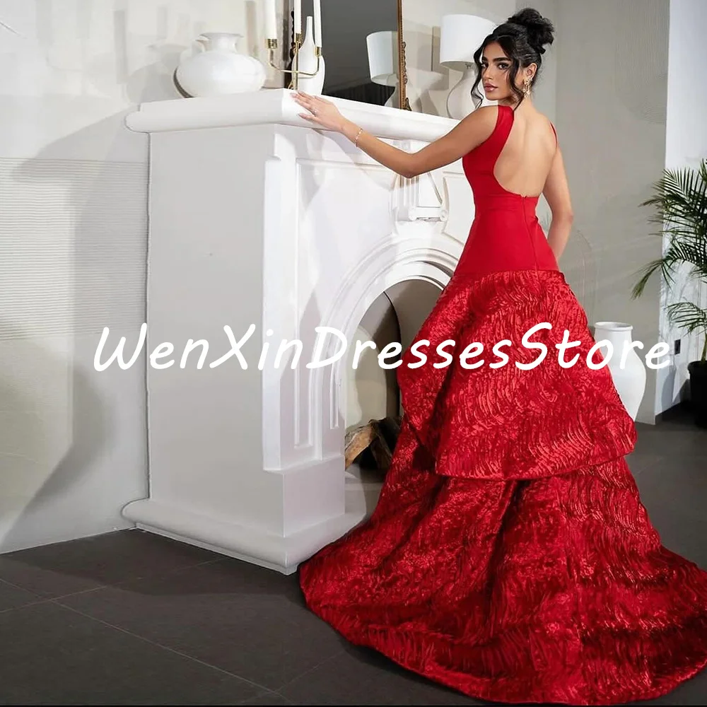 Exquisite A-Line Boat Neck Jersey Red Prom Dress Celebrity Dress Court Train Saudi Arabia Sleeveless Backless Robe de soirée