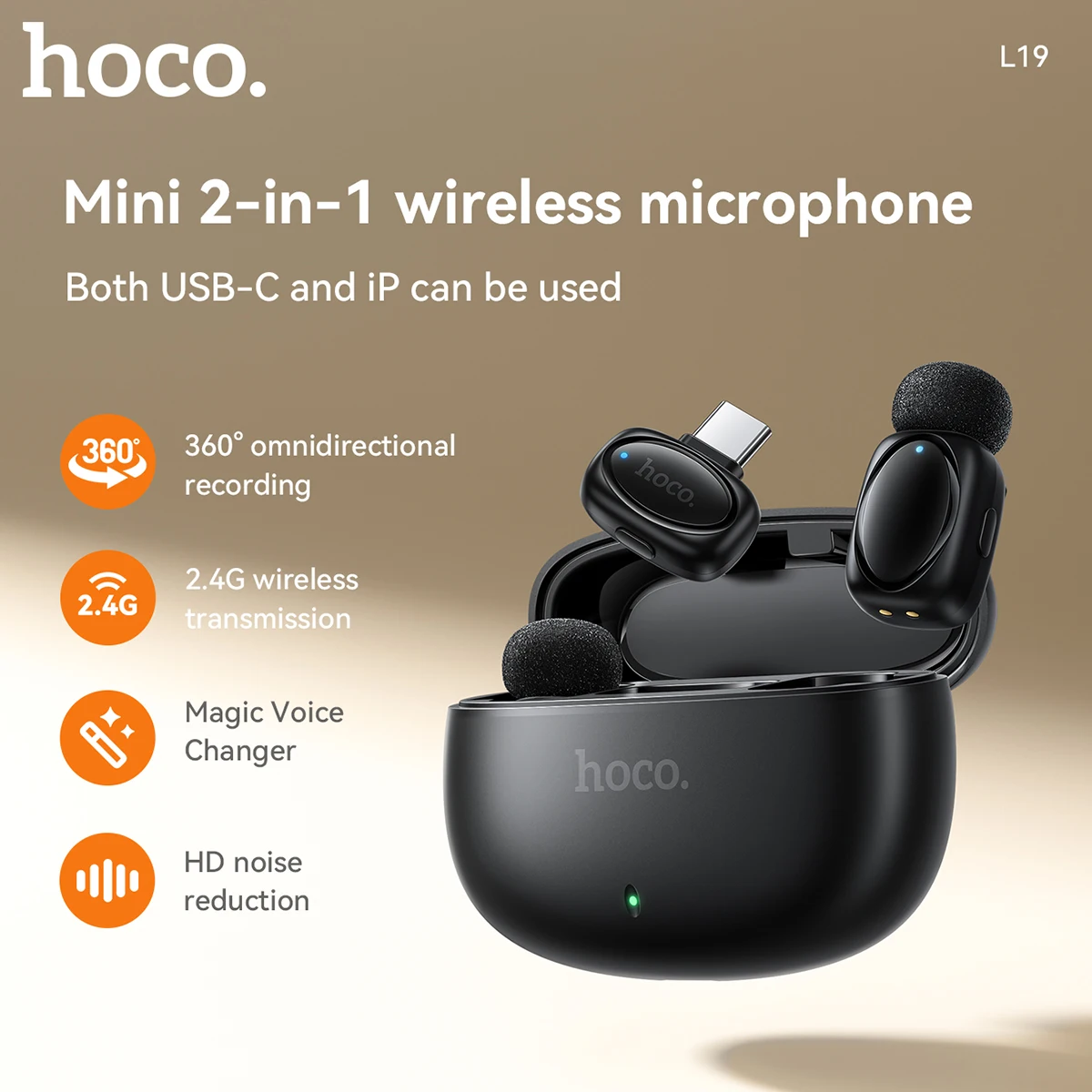 

HOCO L19 Wireless Microphone Universal For iP/Type C Mobile Phone Audio Recoding Tiktok Live Streaming Portable Video Recoder