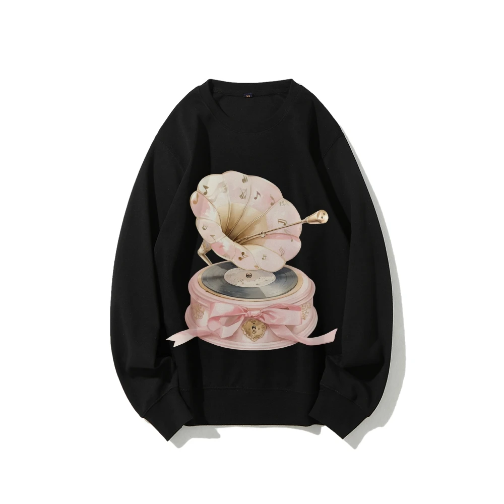 Grafisch sweatshirt roze grammofoonprint retro melodieus nostalgisch Y2K-stijl zachte stof voor muziekliefhebbende casual sweatshirt