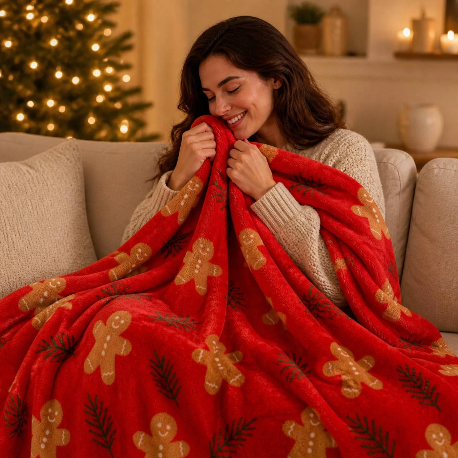 クリスマス柄のジンジャーブレッド柄ブランケット。暖かく肌触りの良いポリエステルフランネル素材で、ベッドやソファに最適。
