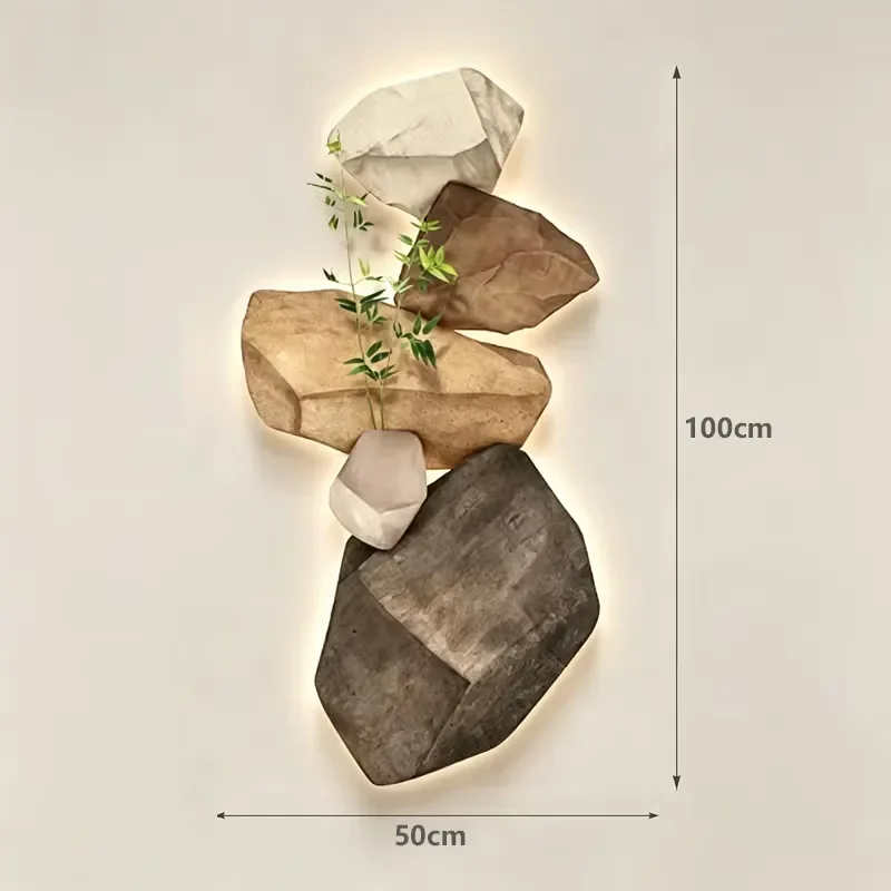 Wabi-sabi Style Stone Pile LED - Neutral Tone 3D Textured Wall Art Piece, Featuring a Plant Vase, Suitable for the Living
