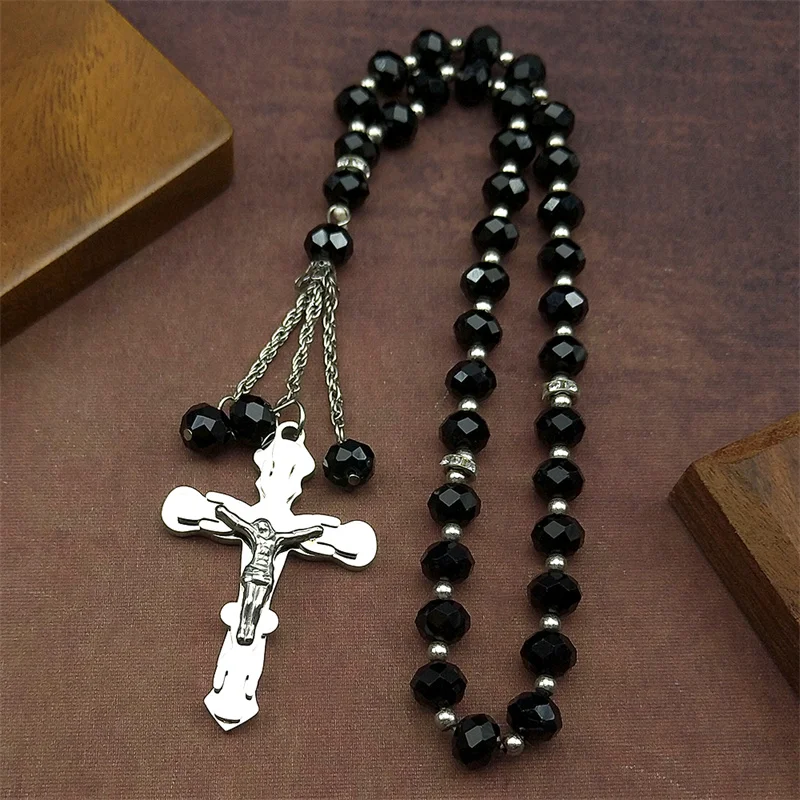 كريستيان يسوع الصليب الصليب سيارة قلادة للنساء الرجال الفولاذ المقاوم للصدأ الذهب اللون الزجاج سبحة صلاة سلسلة سيارة تميمة المجوهرات