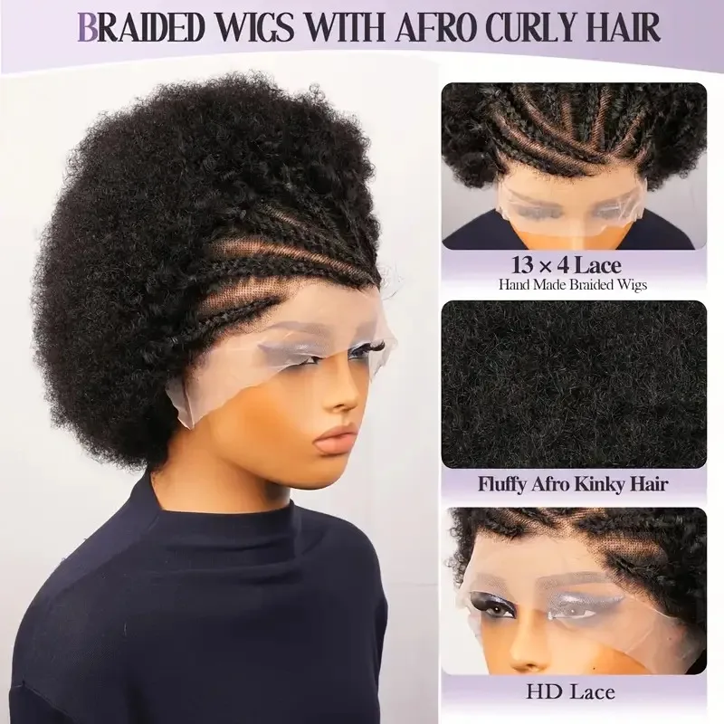 13x4 Short Afro Kinky Curly Bob Lace Front Braided Wigs for Black Women Curly Afro Puff Lace Frontal Wig Human Hair Brazilian