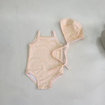 Baby Girls' Floral Swimsuit Set with Matching Hat 6 2024 New Baby Kid's One-piece Swimwear With Hat Toddler Girl's Dot Floral Suspenders Swimming Suit Summer Beach Wear 6