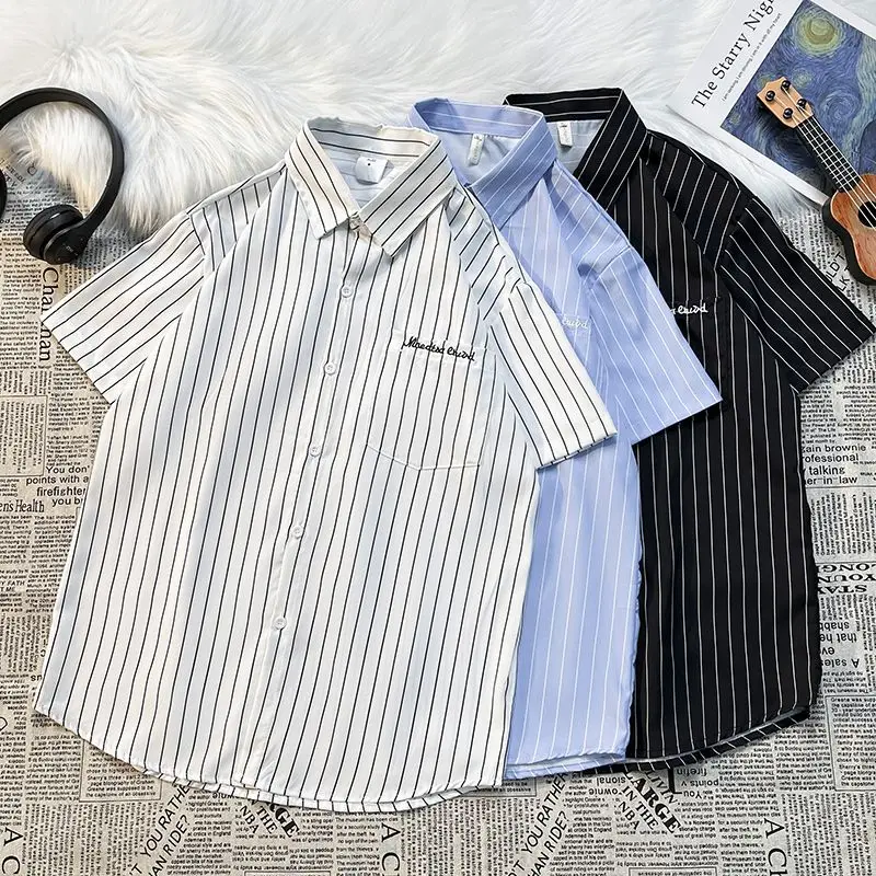 

Summer Thin ort Sve irt for Men with ket Ice Silk Embroidery Slim Fit Casual Leisure Faionable Striped Design