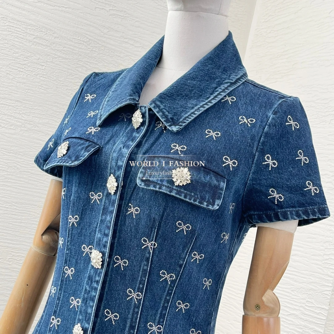 Navy Blue Short Sleeve Bow Floral Print Lapel Denim Retract Waist Mini Dress 2025