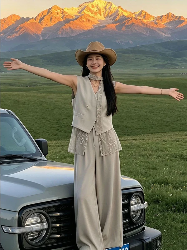 High Waist Wide Leg Pants Lace Patchwork Vest Fashion Commute Women's Summer New Style Complete Set Casual Loose Fit Button up