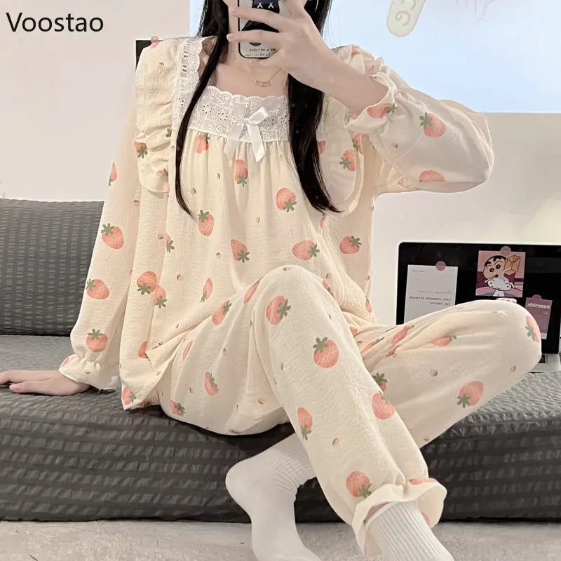 Spring Autumn Sweet Lolita Pajamas Suit Women Kawaii Lace Bow Strawberry Print Long Sleeve Tops Pants 2 Piece Set Girl Sleepwear