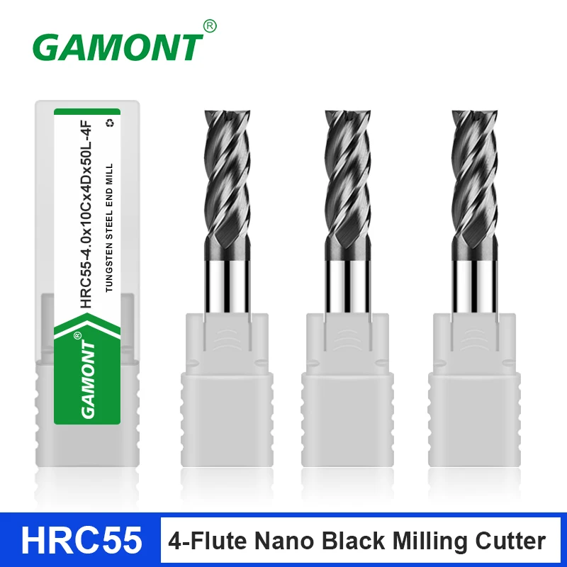 GAMONT-Preto Nano Revestimento Endmills, Tungsten Aço, Carbide Flat End Mills, CNC Usinagem Mecânica, Fresa, 4-Flute, HRC55