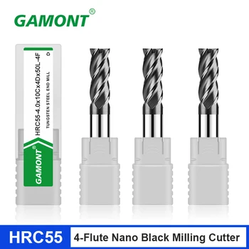 Gamont Hrc55 4-Fluit Zwarte Nano Coating Endmills Wolfraam Staal Carbideflat Einde Molens Cnc Mechanische Machinale Frees