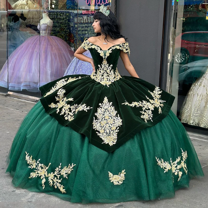 

Великолепное зеленое блестящее бальное платье, платья для Quinceanera, кружевные платья с открытыми плечами и золотистой аппликацией для выпускного вечера, милое платье со шлейфом, 15 дюймов