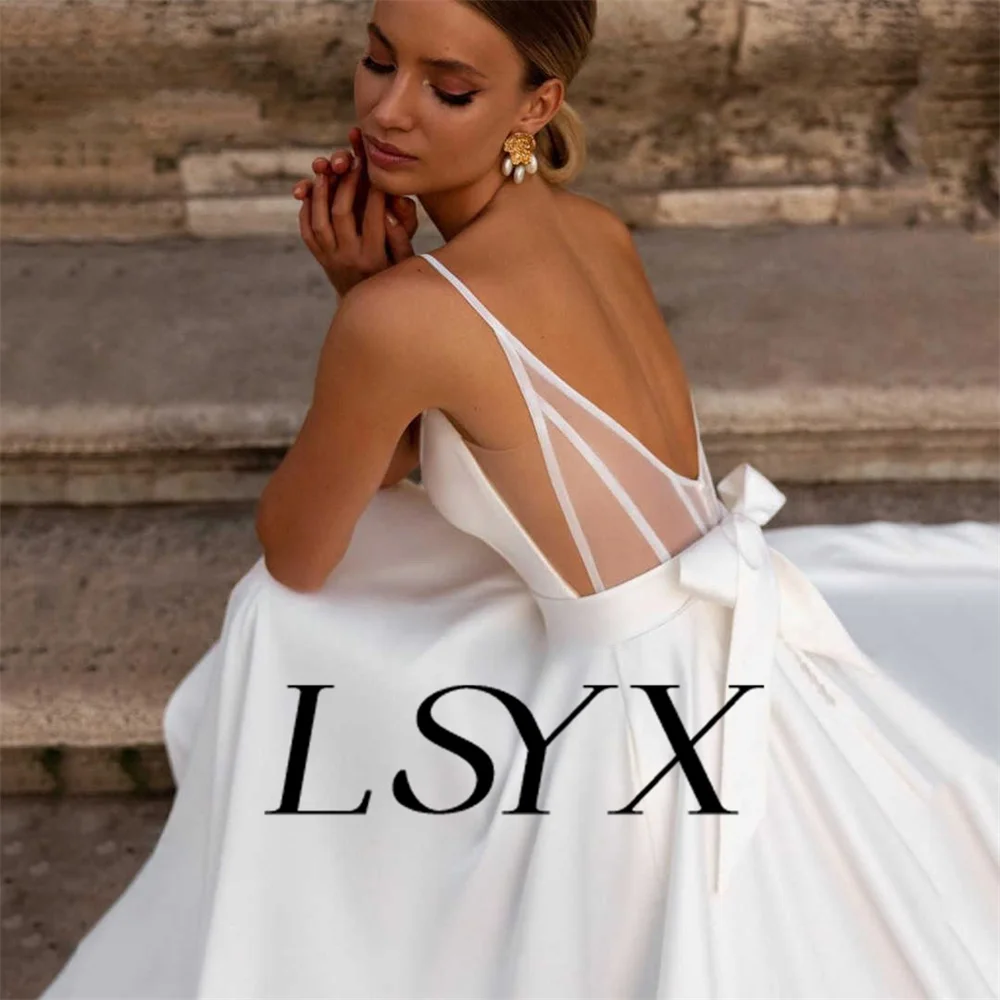 LSYX abito da sposa in raso con scollo a V e fiocco senza maniche semplice per le donne a-line Illusion Back Floor lunghezza abito da sposa su misura