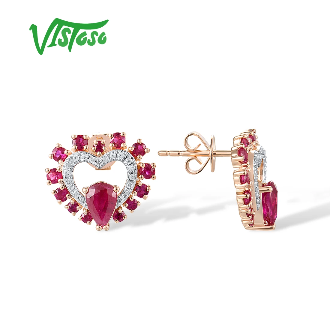 VISTOSO Authentic 14K 585 Rose Gold Stud Earrings For Women Sparkling Natural Diamonds Ruby Heart Shaped Cute Fine Jewelry